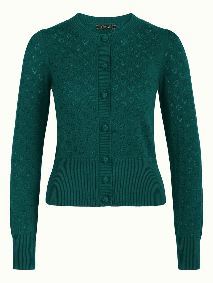 Strickjacke King Louie, Style: Cardi Puff Heart Ajour, Farbe: Dragonfly Green, *New in*